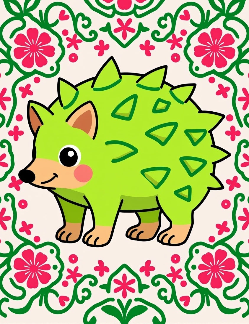 Whimsical Green Spiky Creature Floral Border Rug