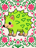 Whimsical Green Spiky Creature Floral Border Rug
