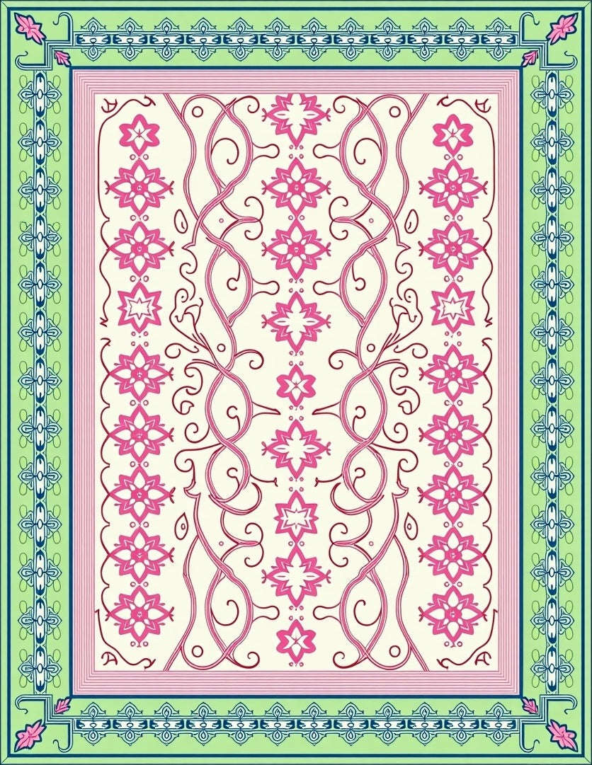 Pink Floral Vine Cream Border Rug