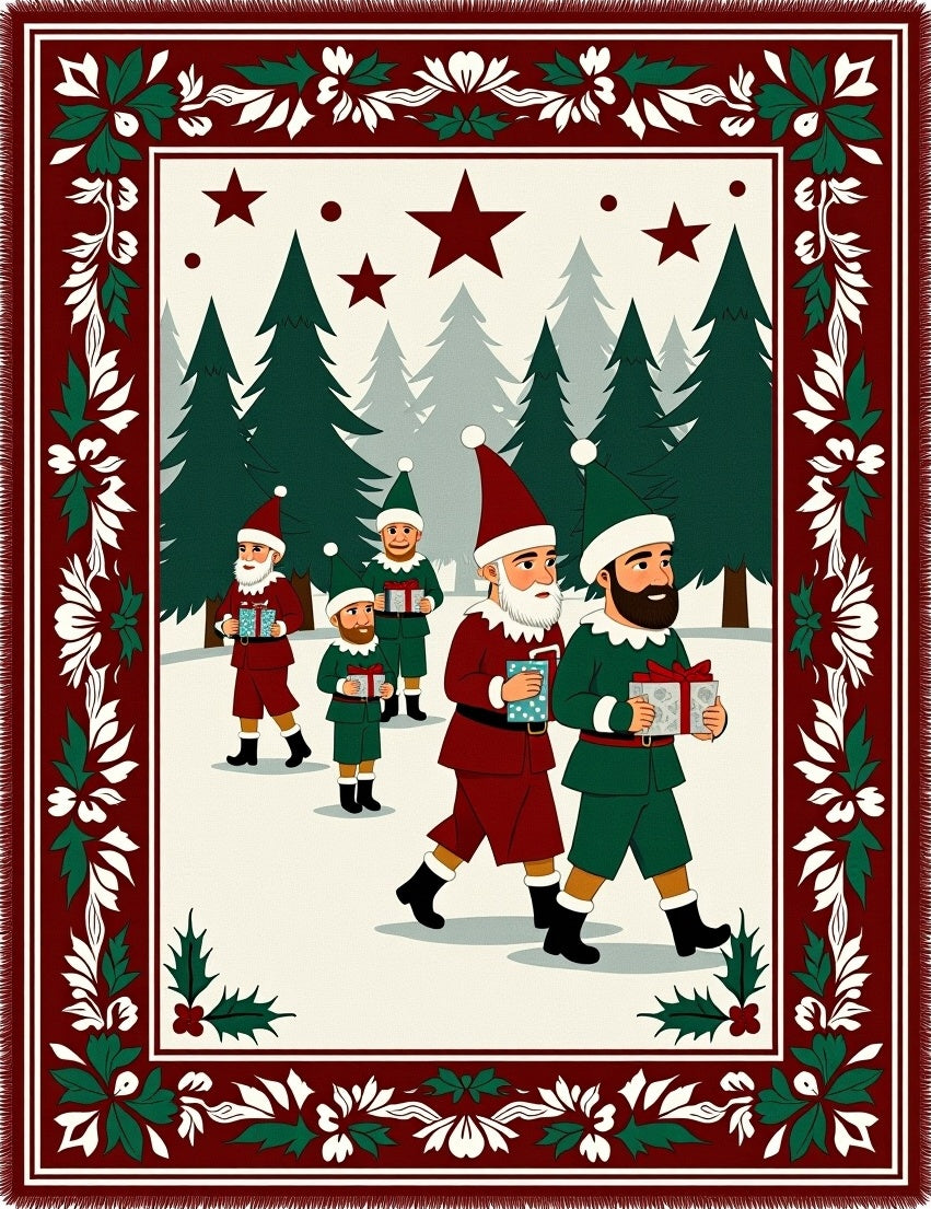 Festive Red Elves Winter Forest Gifts Rug