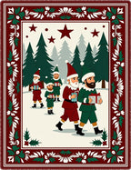 Festive Red Elves Winter Forest Gifts Rug