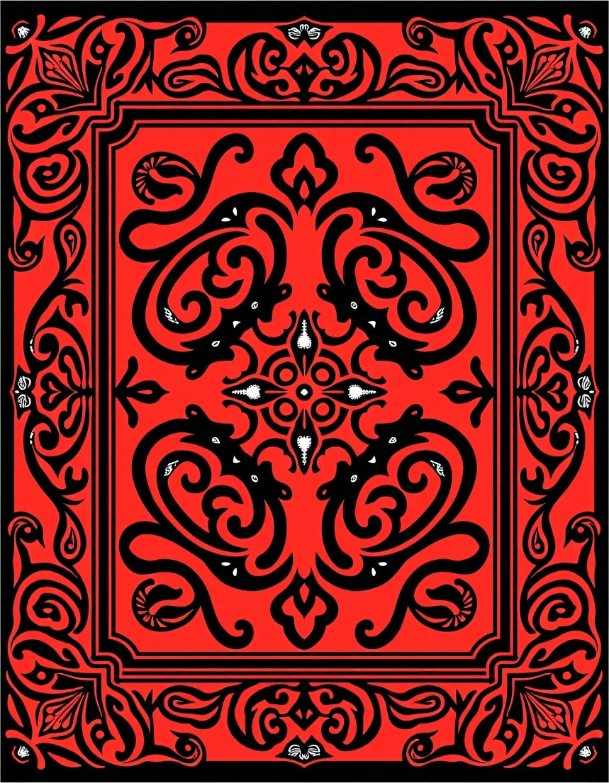 Vibrant Crimson Black Tribal Swirl Rug