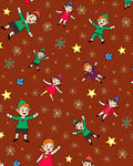 Christmas Elves and Stars Brown Background Rug