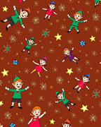 Christmas Elves and Stars Brown Background Rug