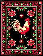 Bold Rooster Red Folk Art Rug