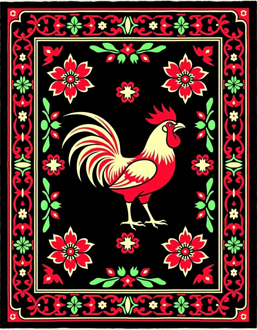 Bold Rooster Red Folk Art Rug