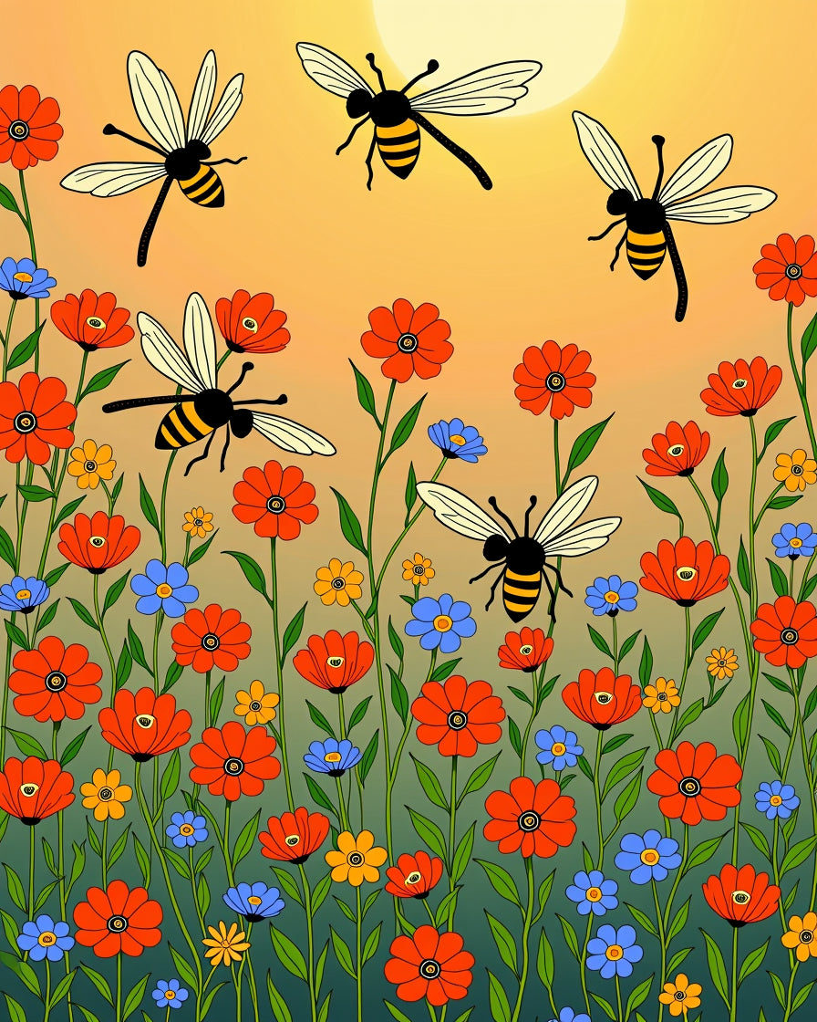 Happy Bees and Wildflowers Sunset Rug