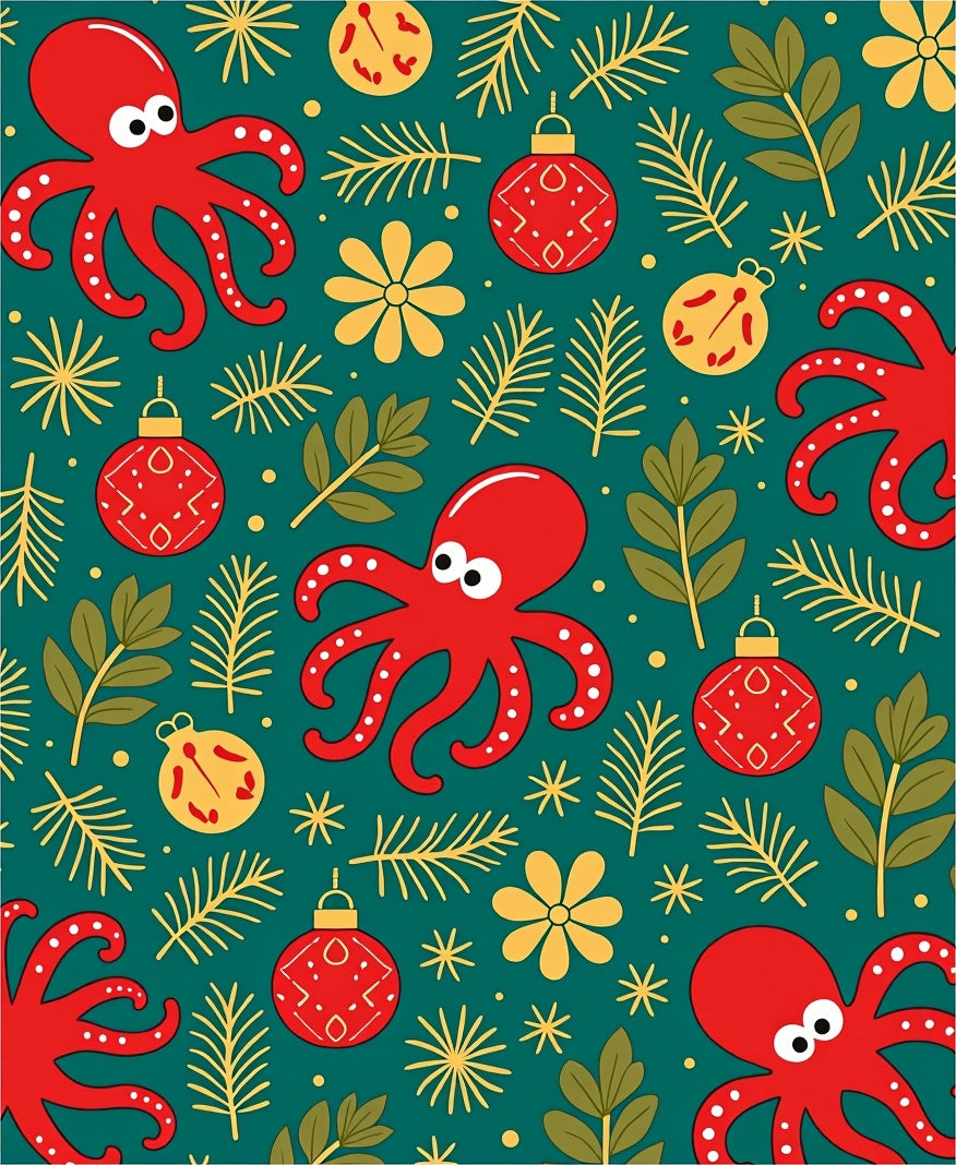 Red Octopus Christmas Ornament Foliage Rug