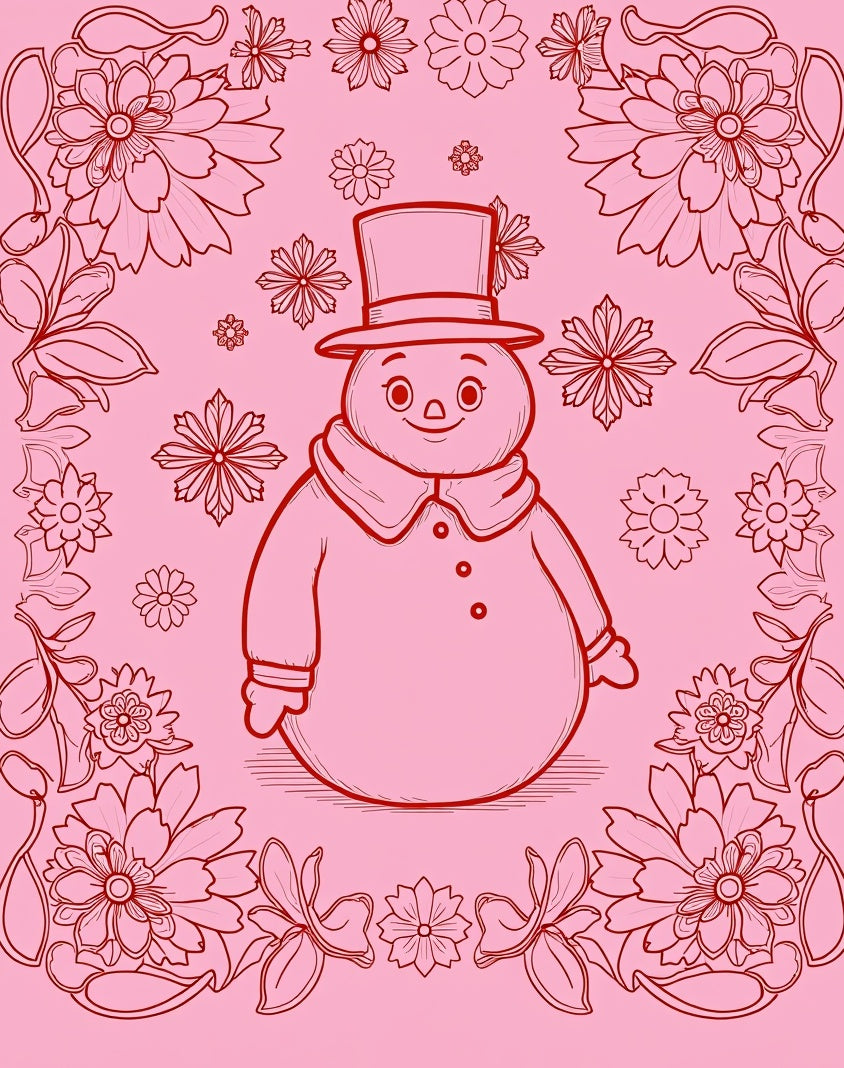 Charming Red Snowman Floral Border Rug