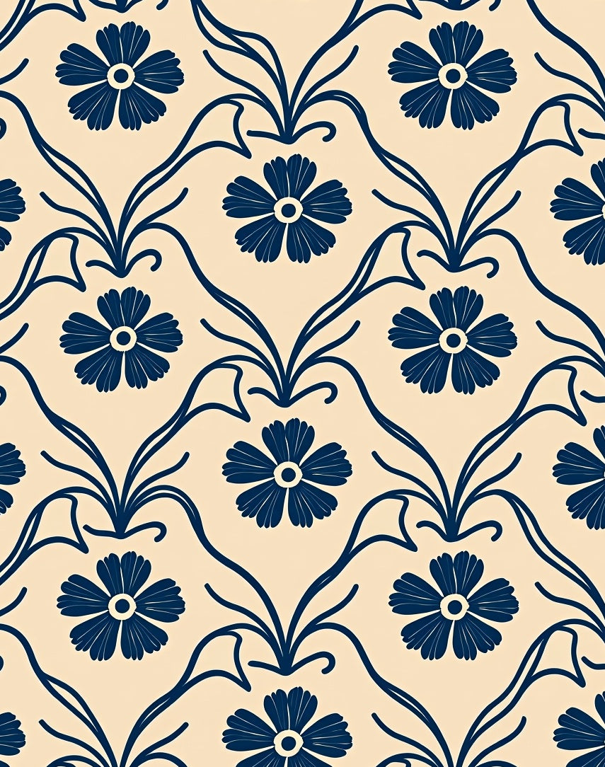 Navy Blue Floral Vine Damask Rug