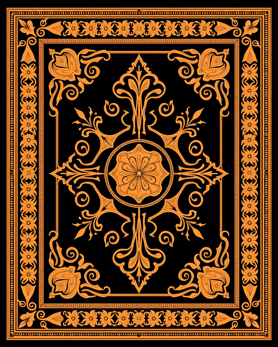 Orange Floral Medallion Black Frame Rug