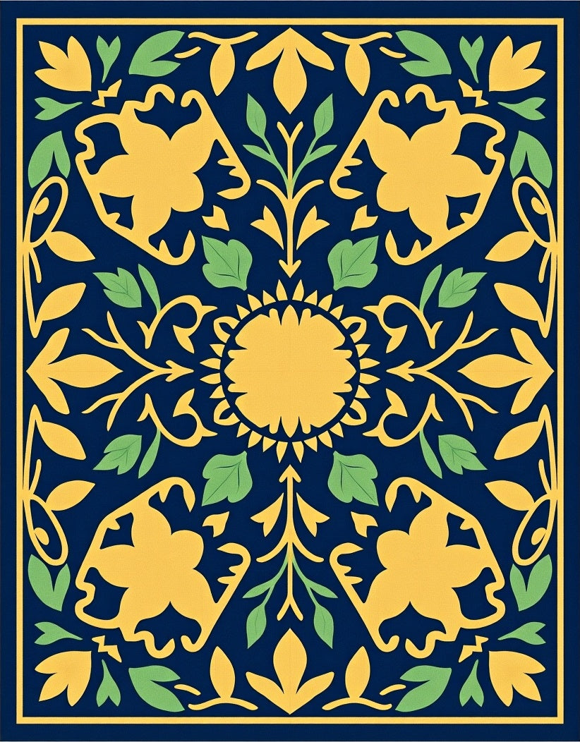 Navy Yellow Floral Medallion Garden Rug
