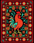 Rooster Floral Border Red Black Rug