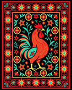 Rooster Floral Border Red Black Rug