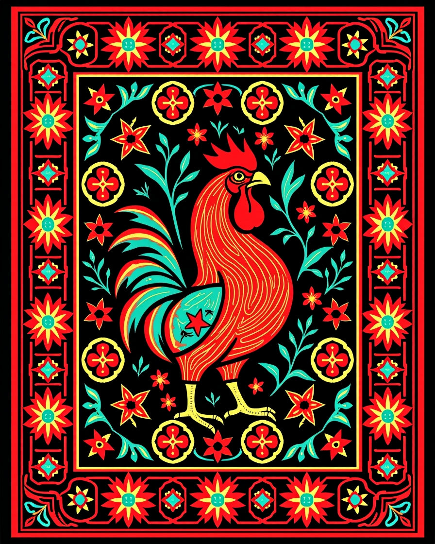 Rooster Floral Border Red Black Rug
