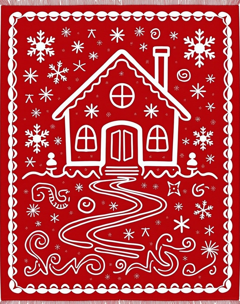 Red Gingerbread House Snowflake Scene Rug