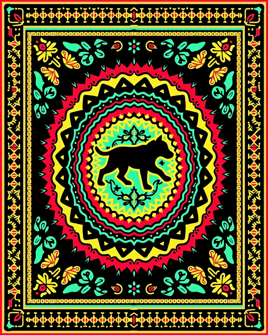 Vibrant Black Dog Mandala Rug
