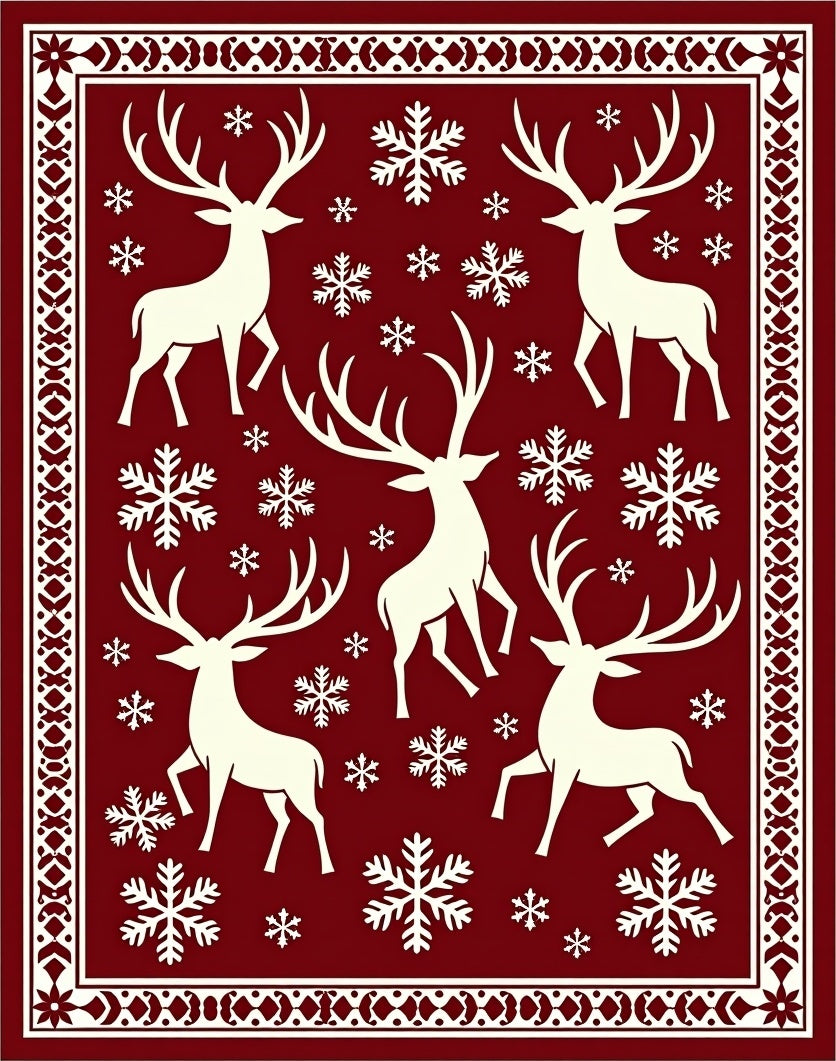 Cream Reindeer Snowflakes Crimson Border Rug