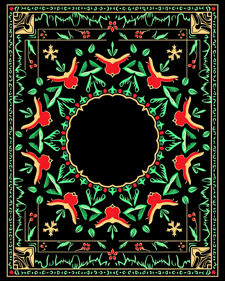 Red Green Bird Floral Border Rug