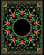 Red Green Bird Floral Border Rug