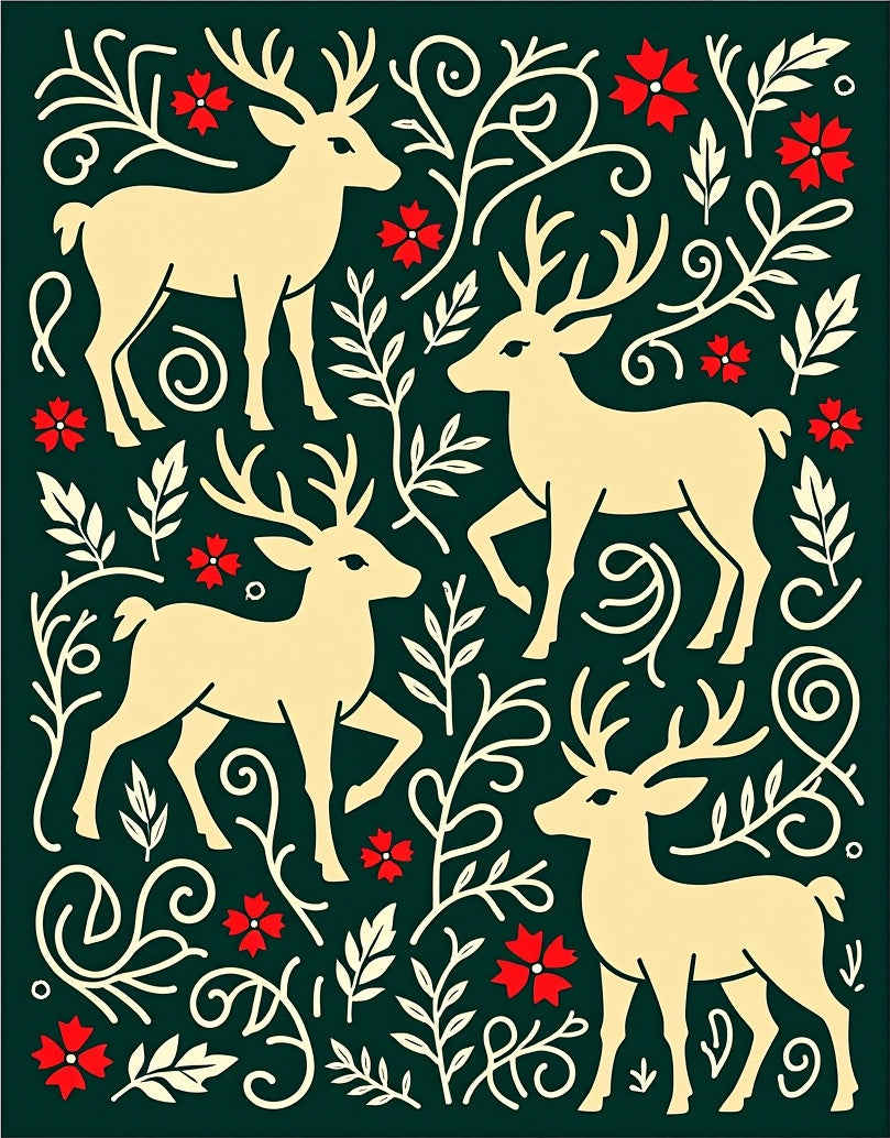 Cream Deer Red Floral Evergreen Meadow Rug