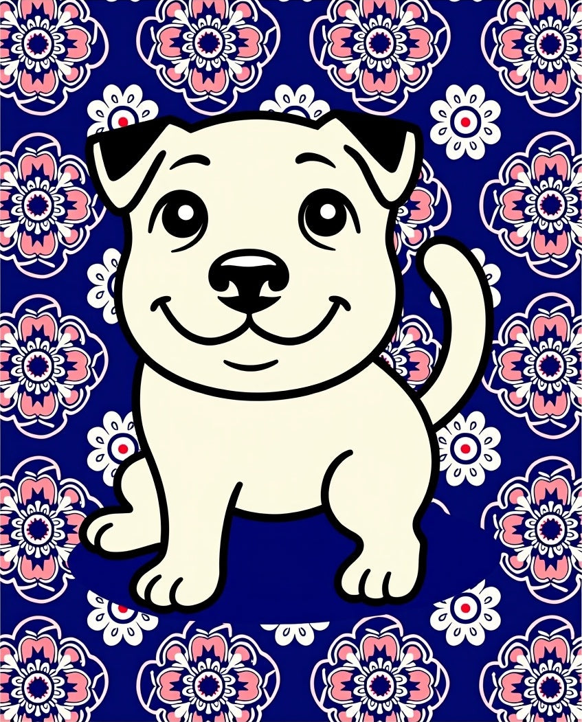Whimsical Cream Puppy Floral Medallion Rug