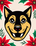 Smiling Dog With Red Poinsettia Border Rug