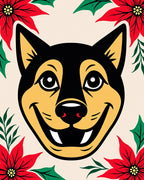 Smiling Dog With Red Poinsettia Border Rug