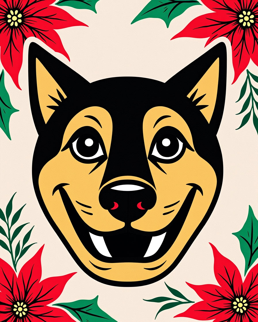 Smiling Dog With Red Poinsettia Border Rug