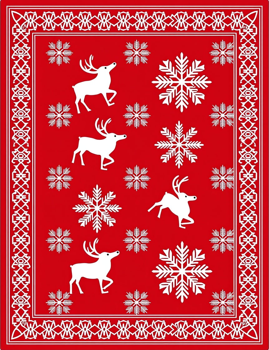 Red White Reindeer Snowflake Border Rug