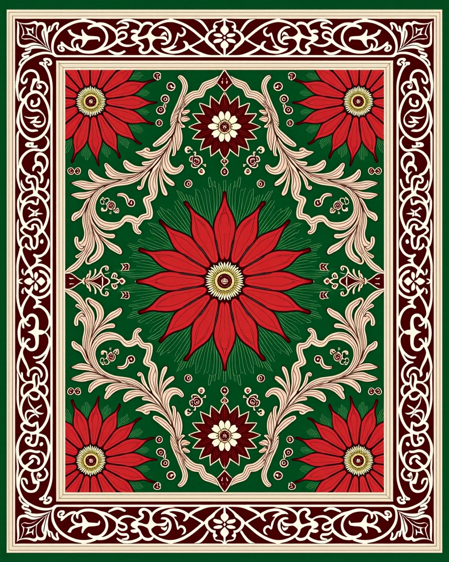 Red Floral Vines Emerald Border Rug