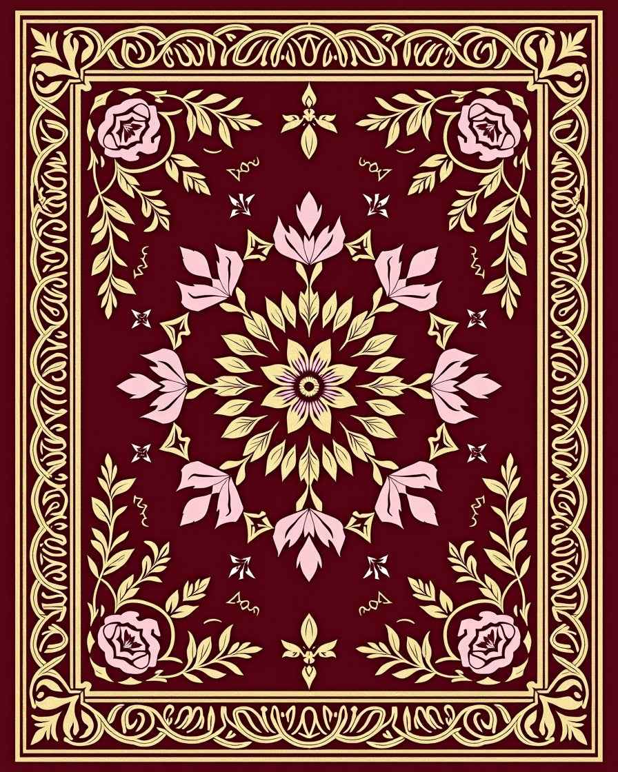 Crimson Rose Floral Medallion Border Rug