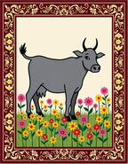 Gray Cow Among Colorful Flowers Rug