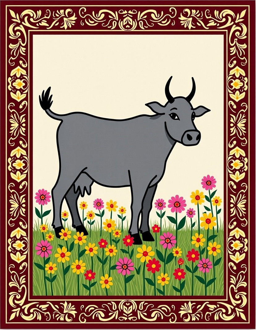 Gray Cow Among Colorful Flowers Rug