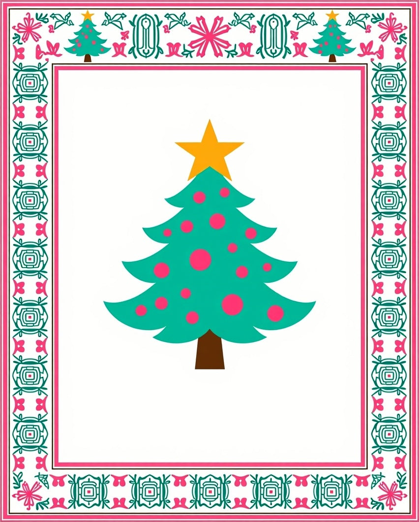 Festive Teal Christmas Tree Border Rug
