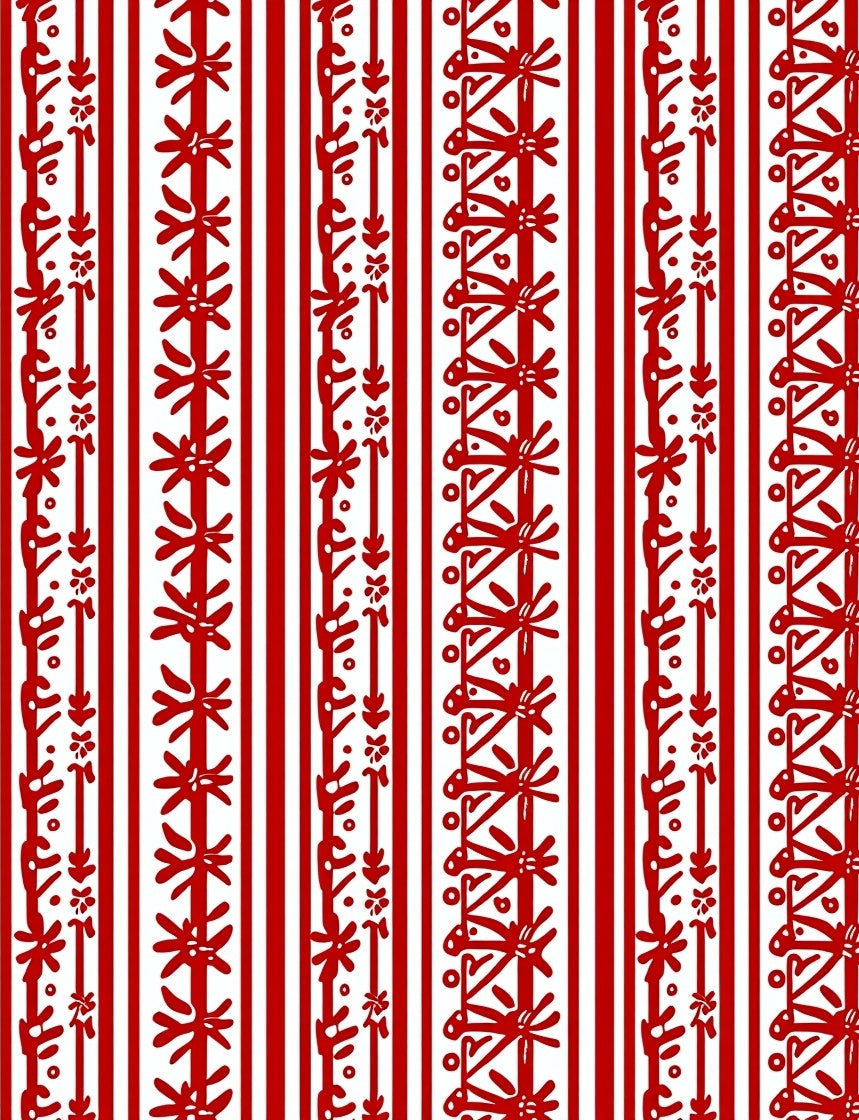 Red White Vertical Stripe Floral Motif Rug
