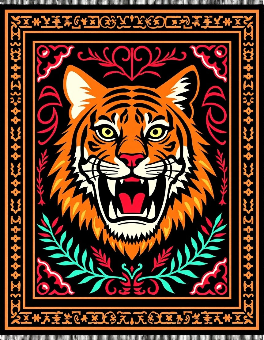 Bold Tiger Head Orange Black Rug