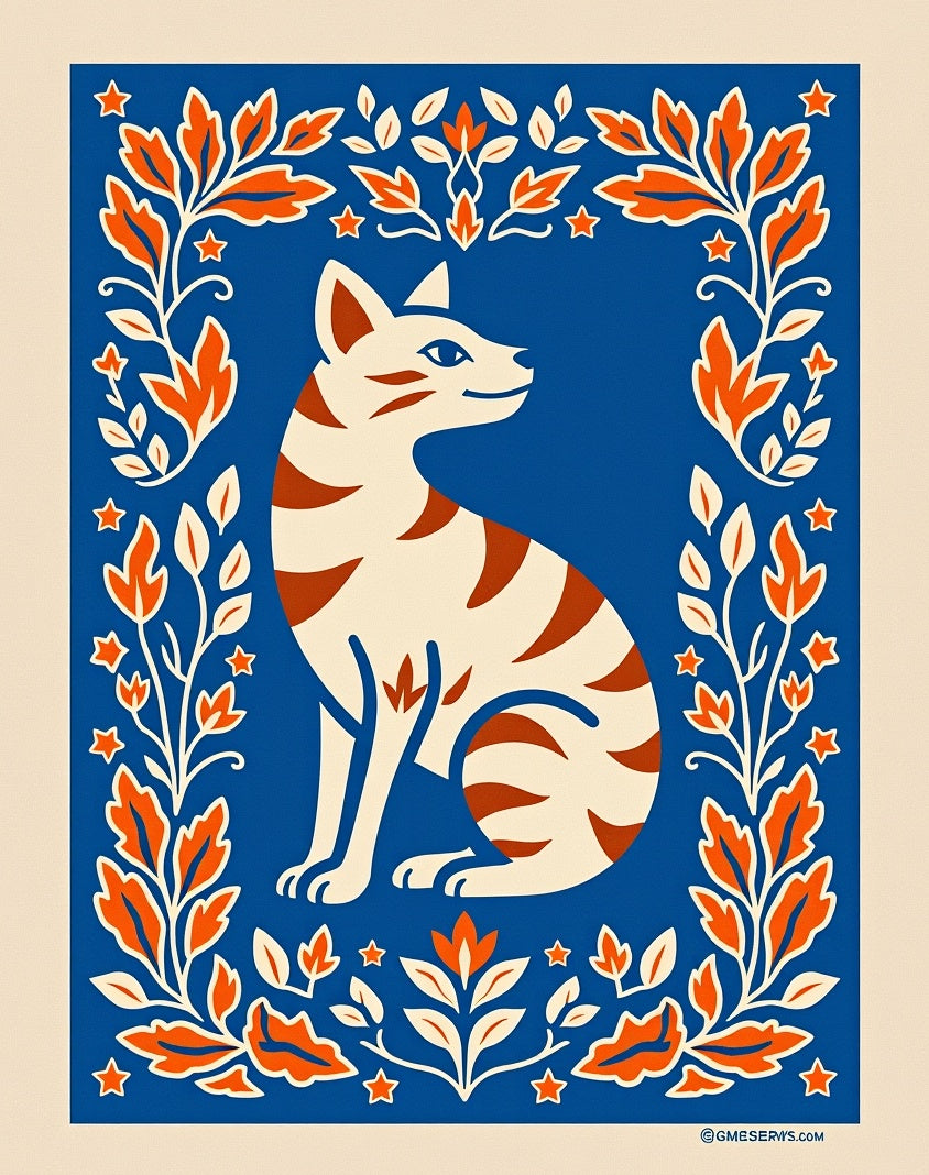 Orange Floral Frame Cat Medallion Rug