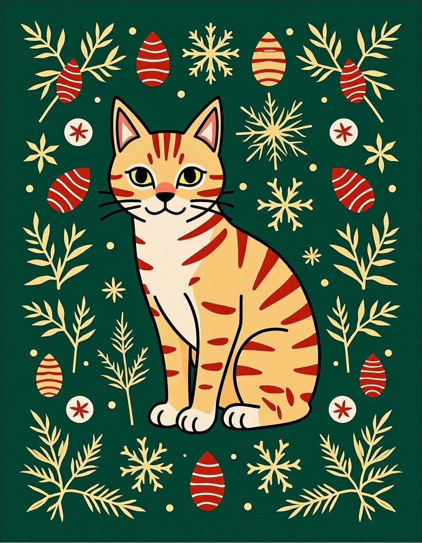 Ginger Cat with Snowflakes and Ornaments Rug