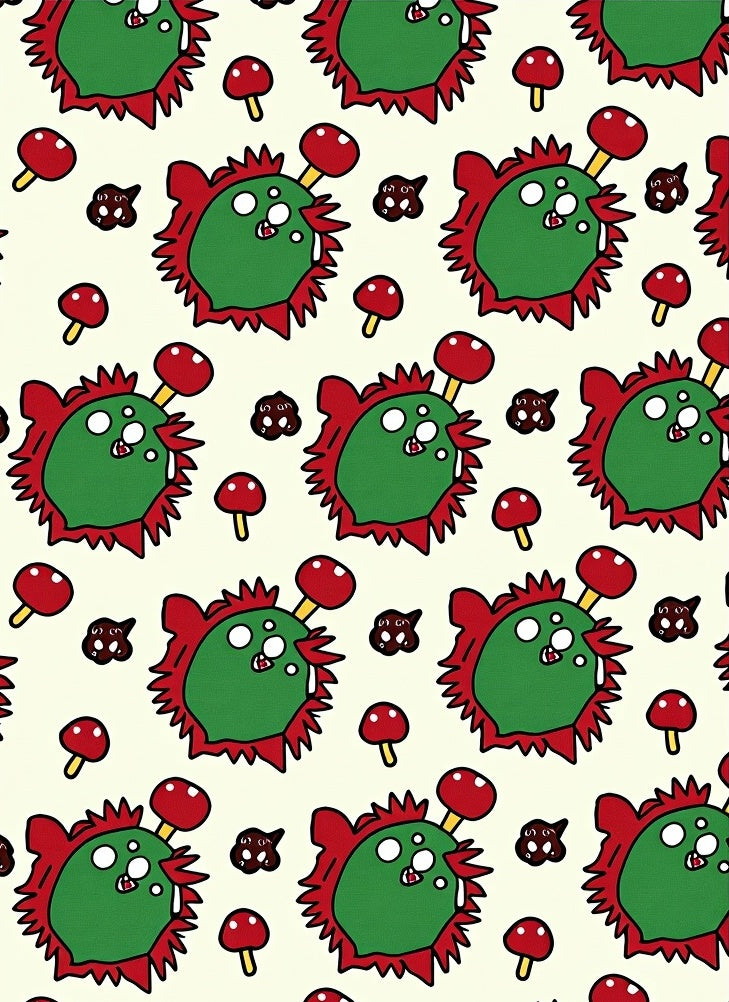 Whimsical green creatures with red mushrooms Rug
