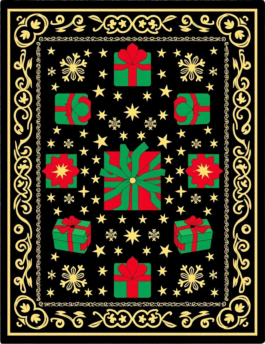 Red Green Gift Boxes Snowflakes Border Rug