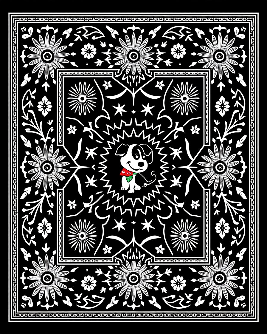 Whimsical Black White Dog Floral Medallion Rug