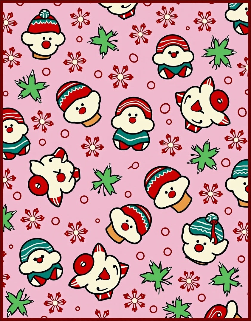 Pink Festive Christmas Characters Snowflakes Rug