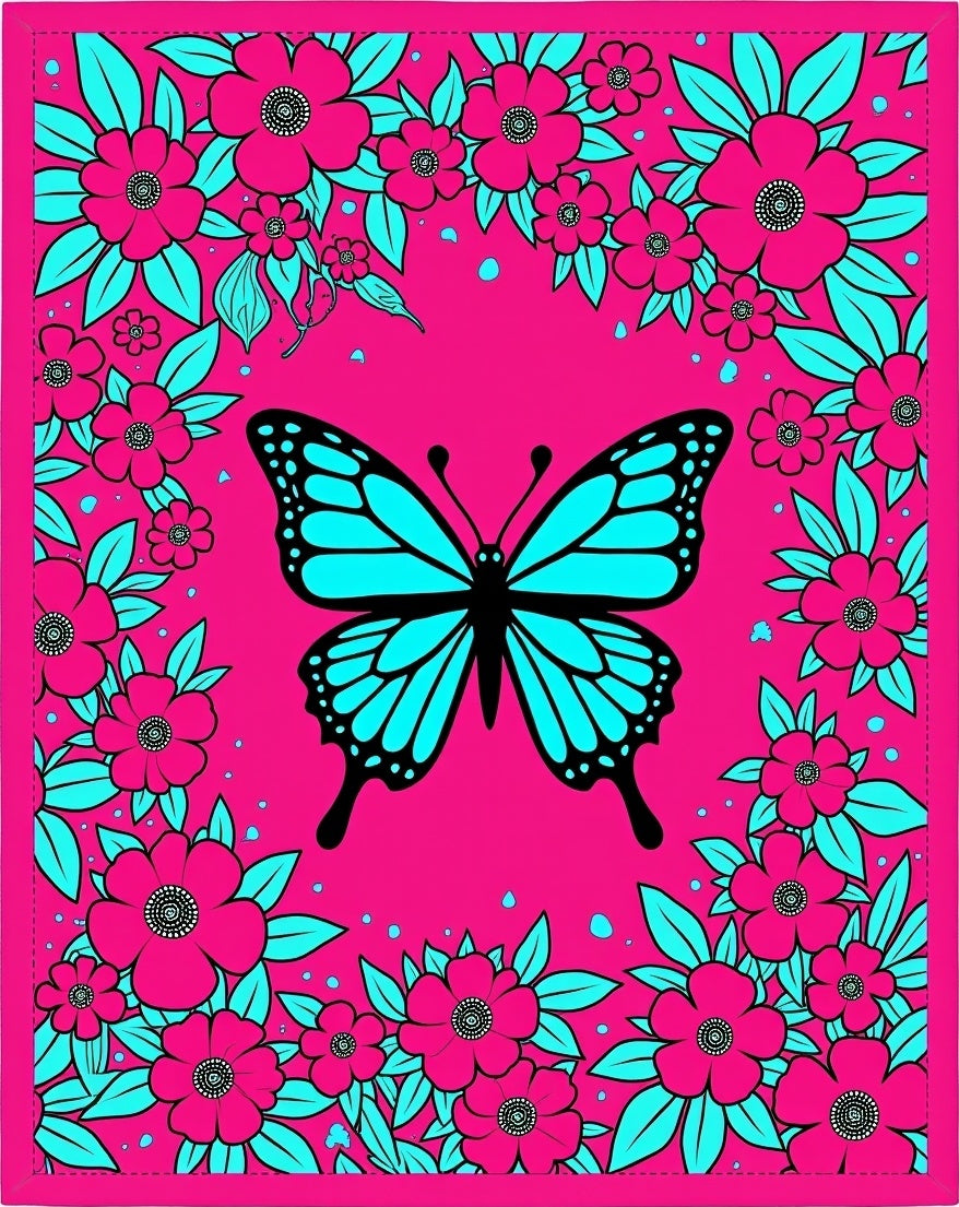 Bright Pink Butterfly Floral Swirl Rug