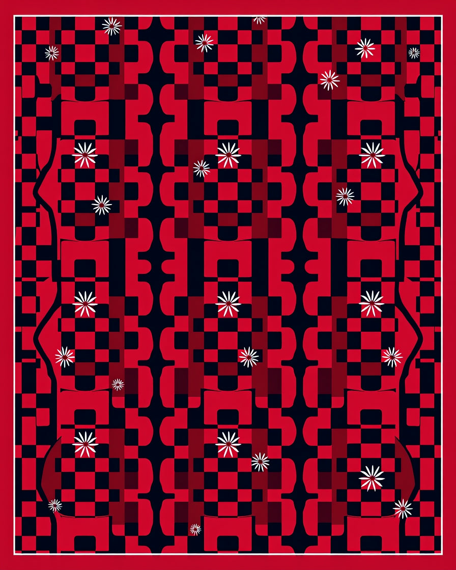Bold Red Checkerboard Star Burst Rug