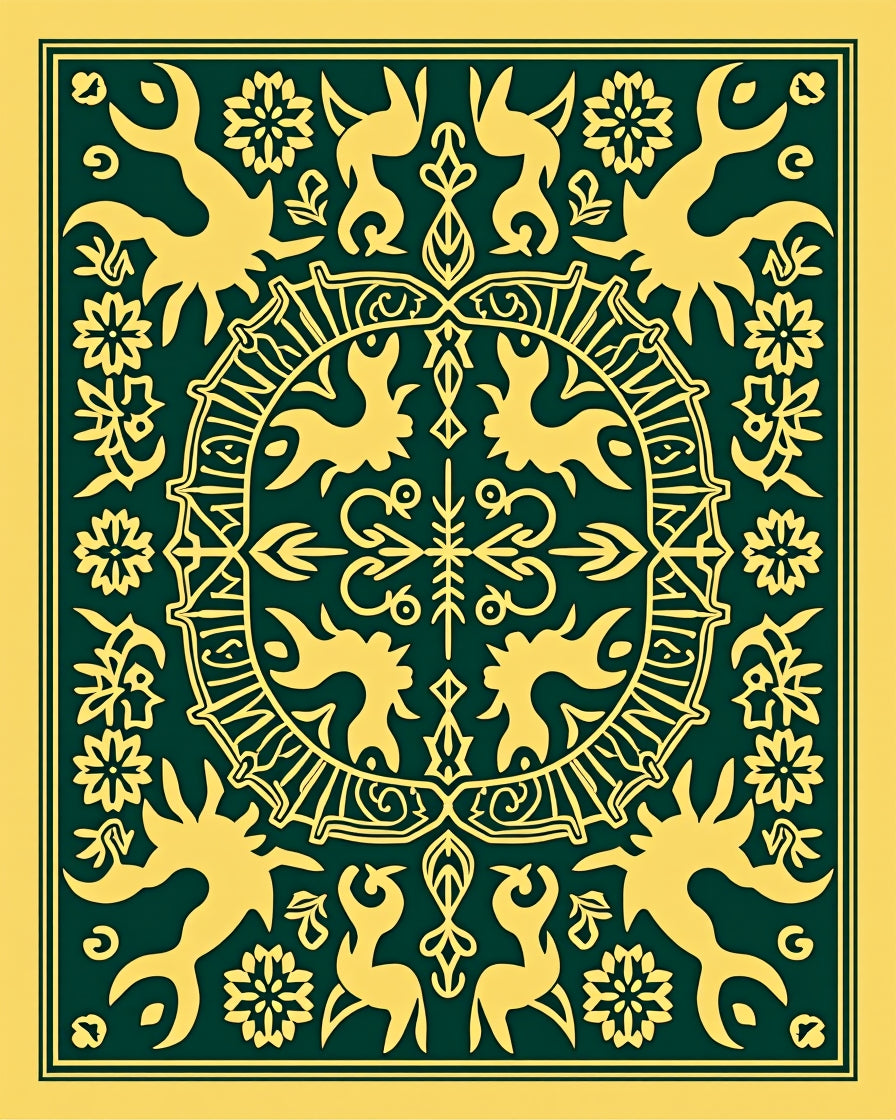 Emerald Yellow Folk Art Medallion Rug