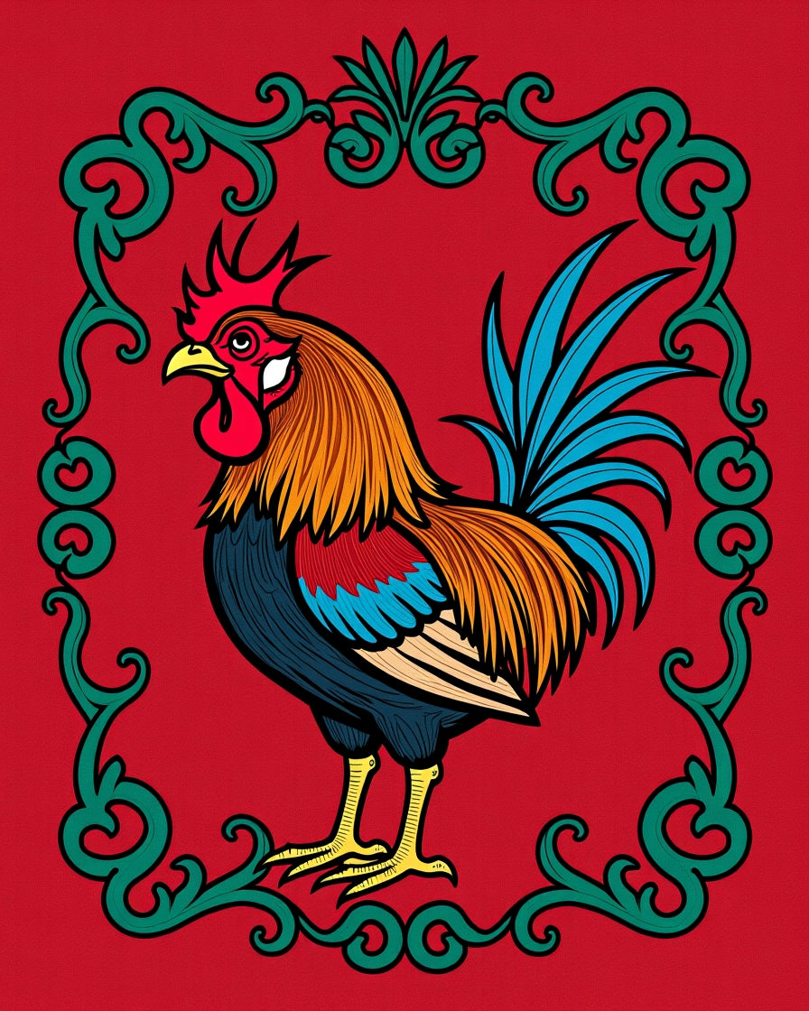 Vibrant Red Rooster Floral Border Rug