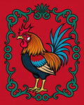 Vibrant Red Rooster Floral Border Rug