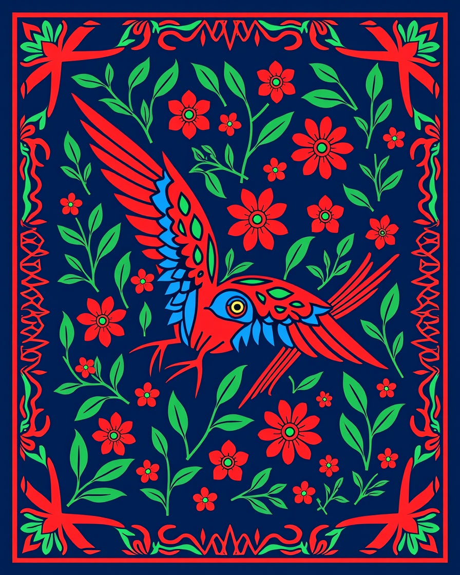 Red Blue Bird Crimson Floral Garden Rug