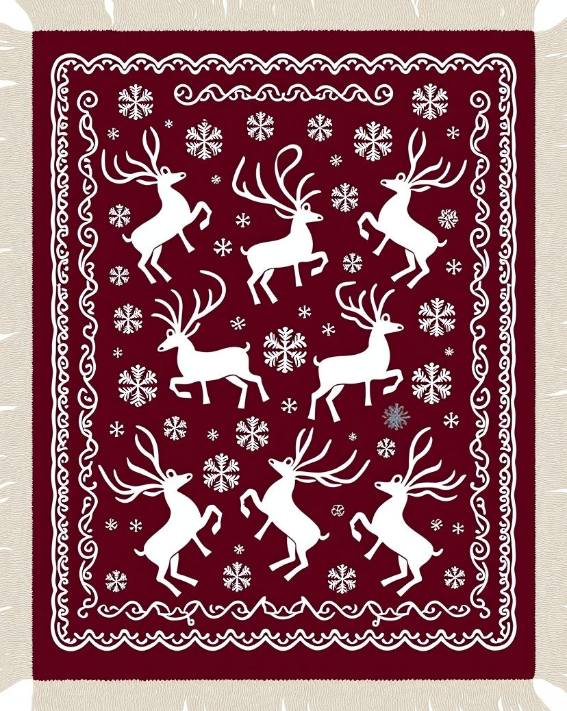 Crimson White Reindeer Snowflake Border Rug